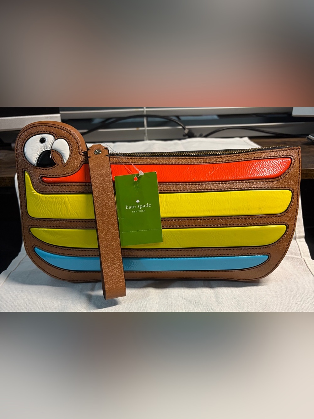 kate spade Colorblock Macaw Parrot Wristlet/Clutch in Orange, Yellow, Blue & Tan